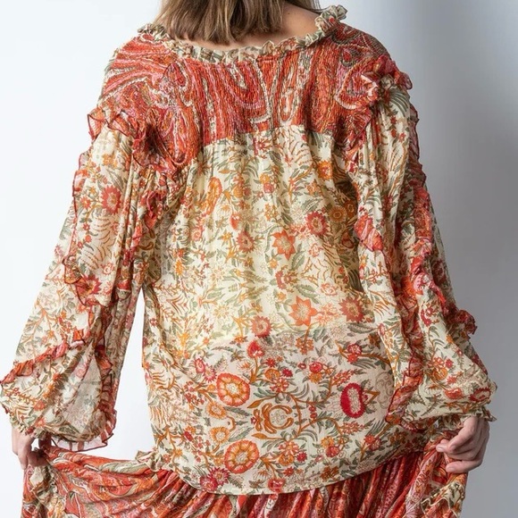 Miss June PARIS Helena boho peasant sheer floral tassel tie blouse OSFM - Picture 7 of 15